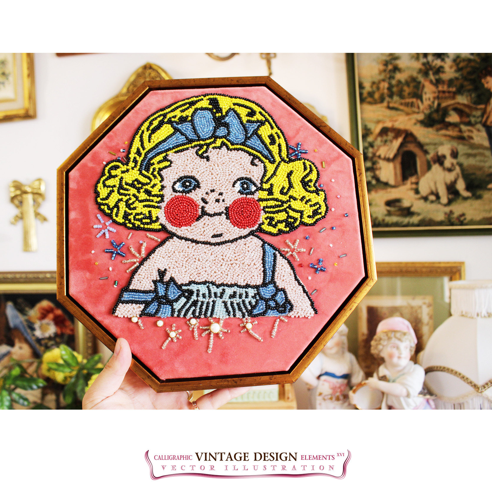 原创串珠装饰画vintage手作番茄浓汤娃娃八边形墙面现代装饰画