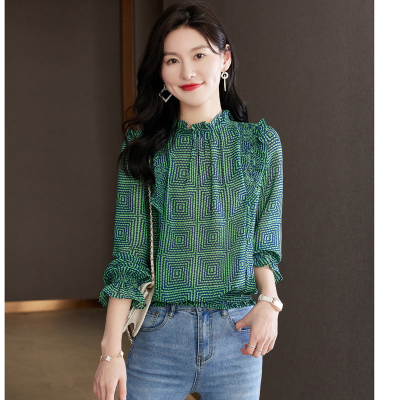 衫女欧洲站立领荷叶雪纺2022春夏新款气质上衣衬衫