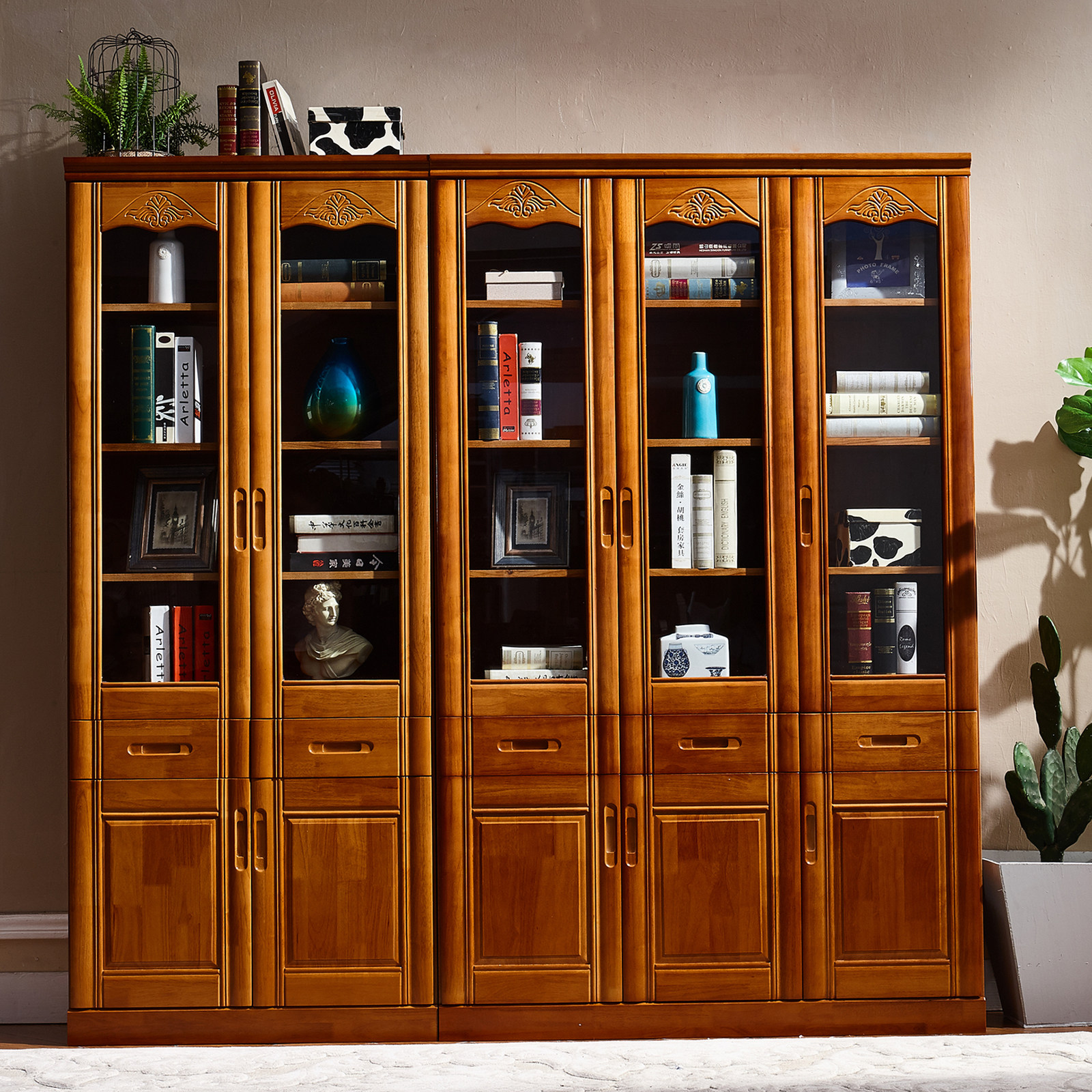实木橡木书柜书架书橱带玻璃门现代简约中式书房组合办公室文件柜
