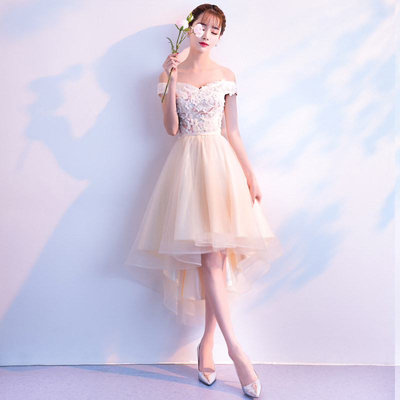 伴娘礼服女2018新款韩版闺蜜装伴娘团姐妹裙前短后长香槟色蓬蓬裙