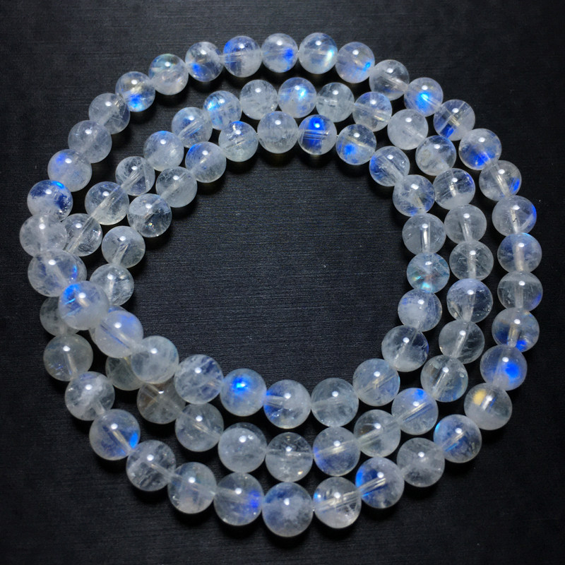天然斯里兰卡冰种玻璃体蓝月光石三圈手链佛珠蓝光宝石水晶饰品女