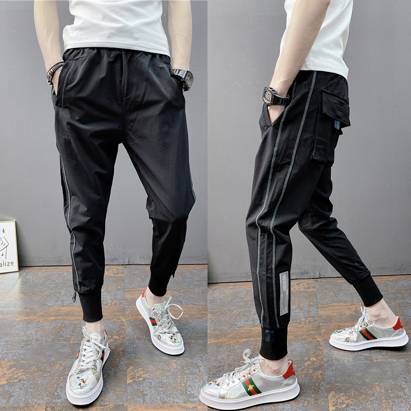 2021夏季男士微弹薄款工装休闲裤精神小伙束脚裤修身哈伦九分裤潮