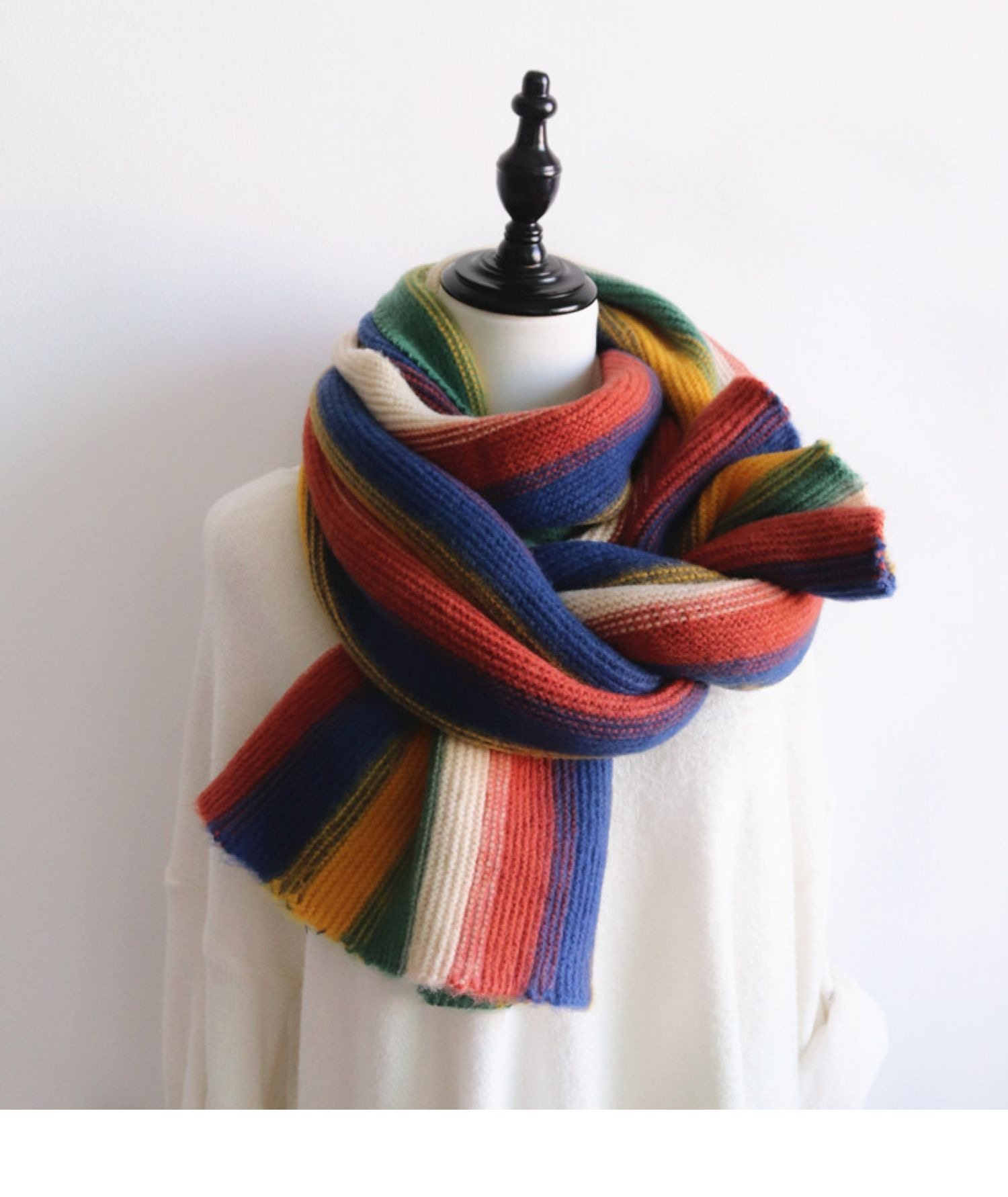 日系软糯秋冬季彩虹拼色条纹毛线针织围巾彩色围巾