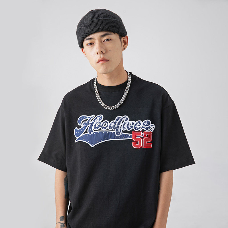 h52基础logo点钻短袖夏季休闲宽松嘻哈潮牌t恤