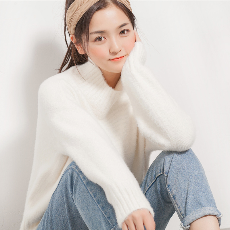 冬季毛衣女短款宽松秋装学生马海毛半高领白色套头网红打底针织衫
