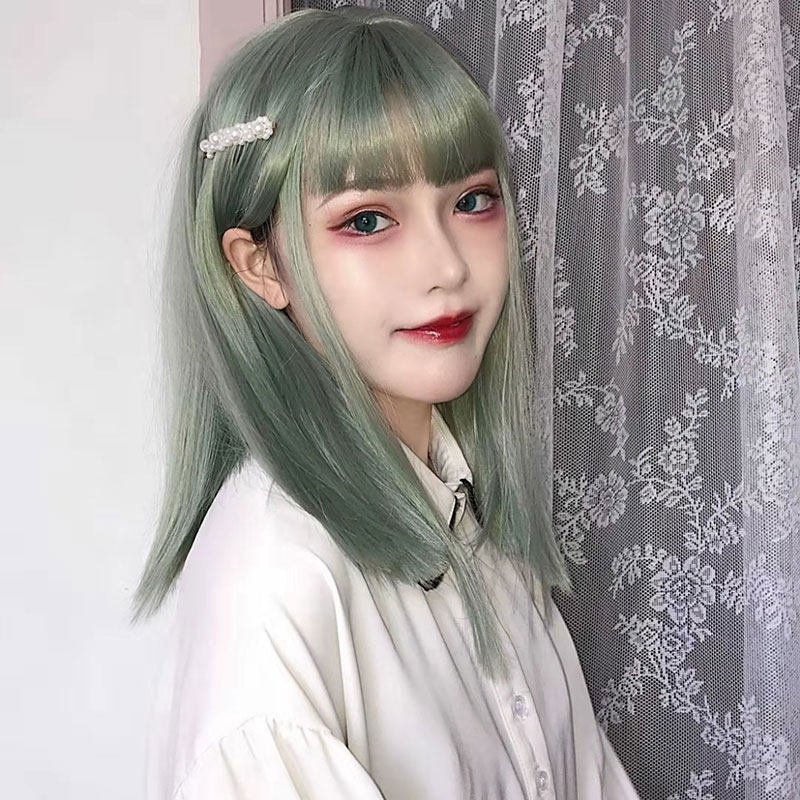lolita假发抹茶绿色中长发韩时尚直发网红可爱锁骨发动漫cos圆脸
