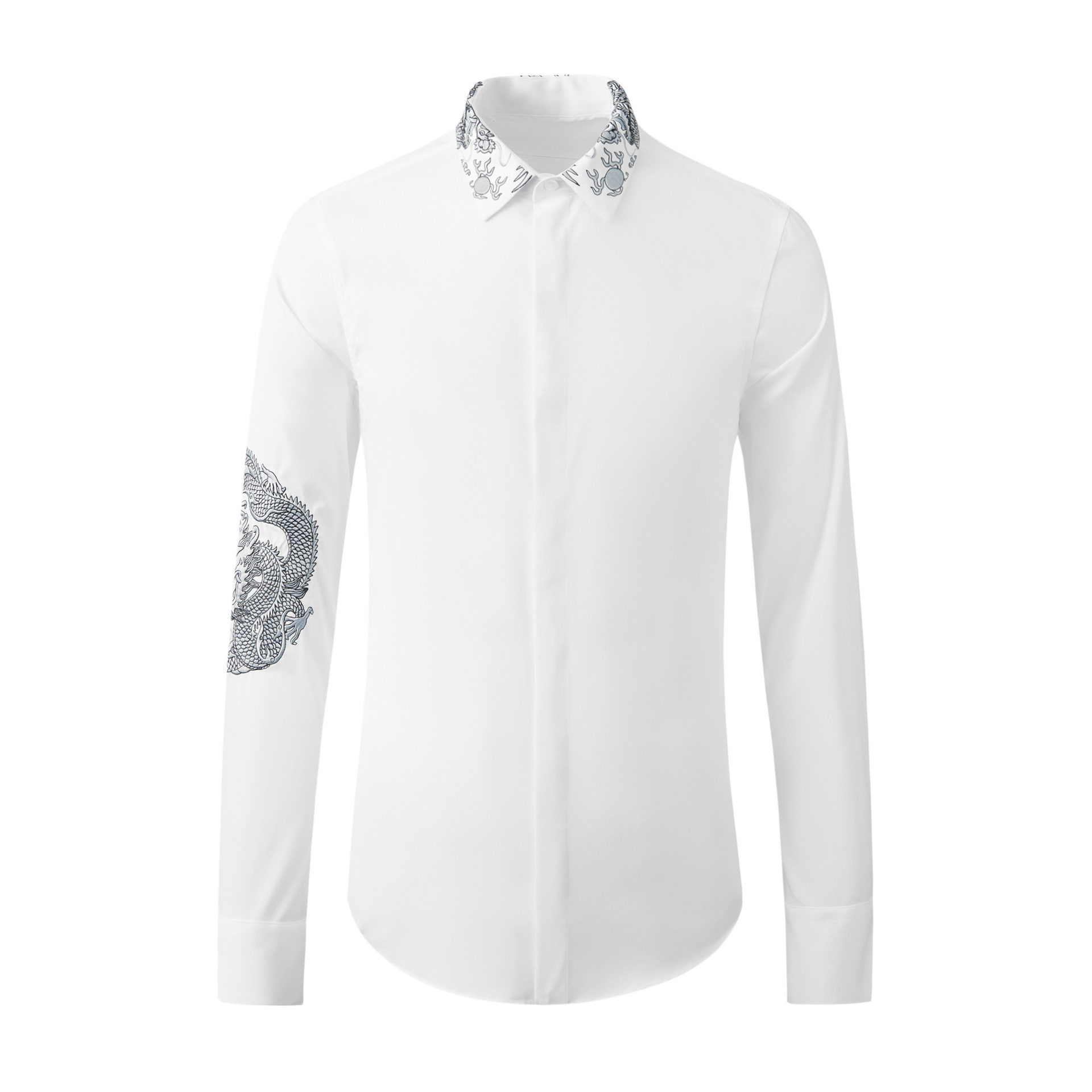 中国国风轻奢高级手臂盘龙领子龙纹刺绣绣花衬衫