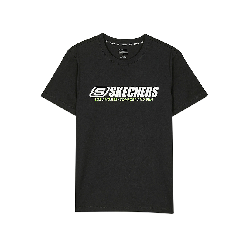 skechers斯凯奇男装2021年新款男子黑色针织logot恤衫