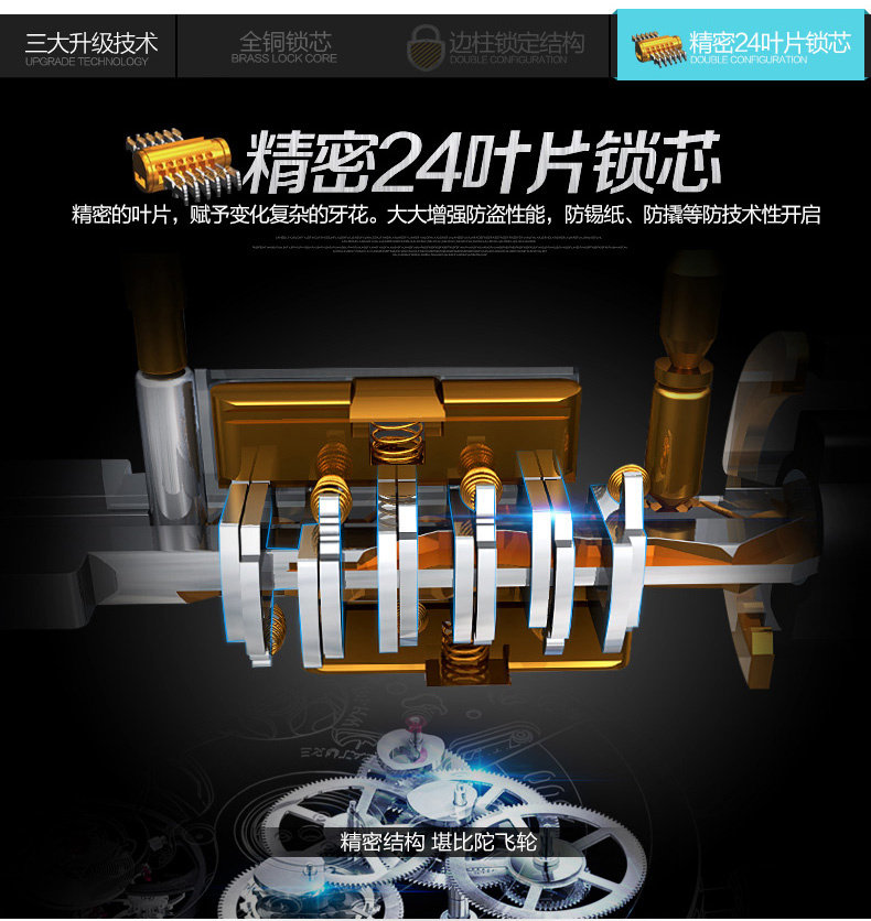 玥玛锁芯超b级防盗门锁芯c级纯铜锁心精密24叶片锁芯大门防锡纸