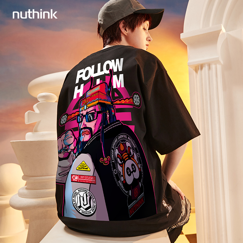 oversize欧美ins国潮财神短袖T恤男潮宽松大码潮牌潮流肥佬半袖夏
