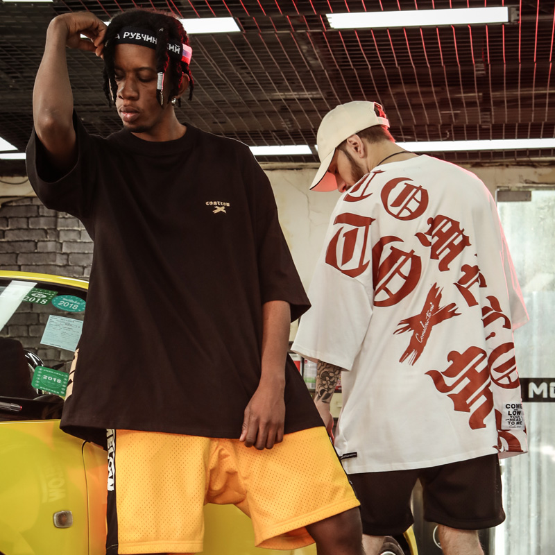 欧美街头hiphop宽松国潮oversize半袖嘻哈短袖男潮牌t恤五分袖潮