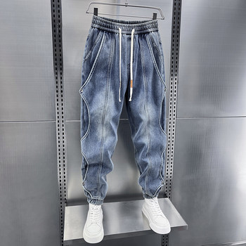 Trendy Spring and Summer New Men's Jeans Elastic Waist Personalized Leg Pants Fashion Splicing Blue Foot Small Foot Harem Pants