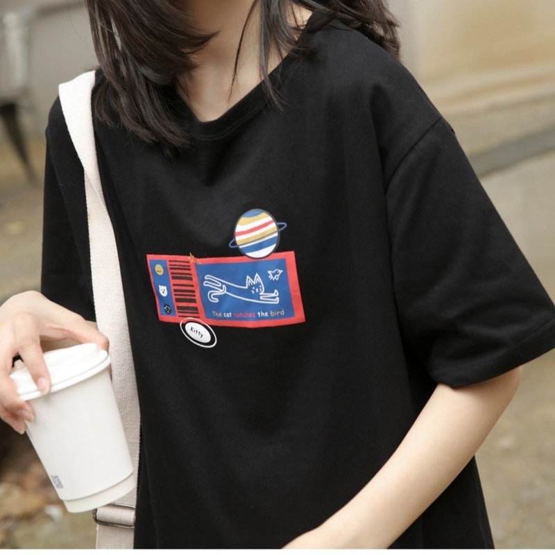 茉语家原创黑色短袖t恤女夏季女装2021新款潮宽松ins上衣印花体恤