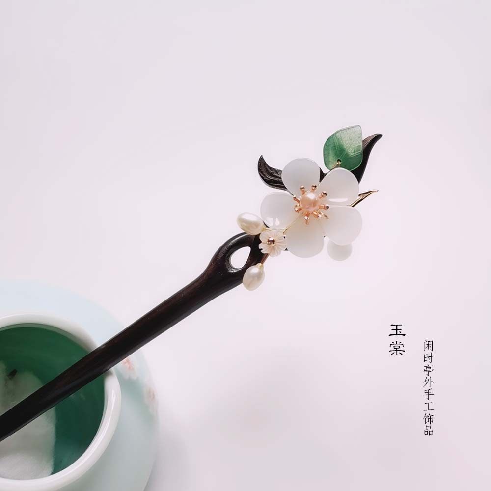 古代风发发簪檀木玉簪花发旗袍盘发海棠花汉服发饰