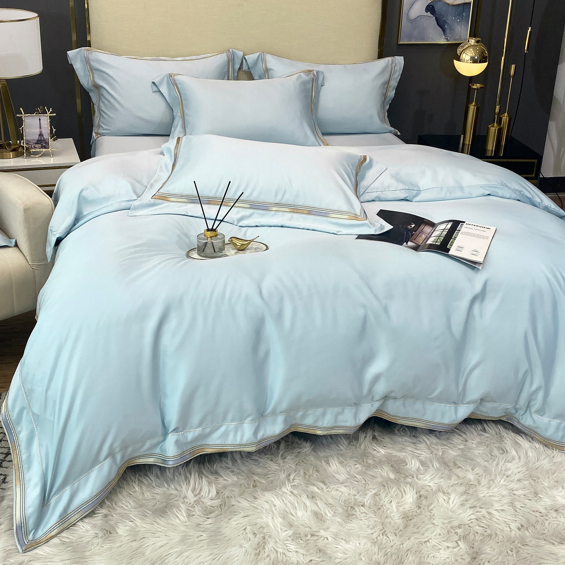 轻奢酒店风夏季冰丝四件套高档刺绣简约纯色被套天丝真丝床上用品