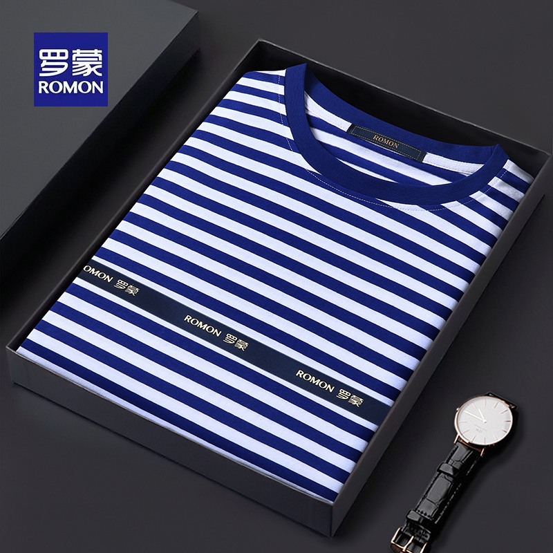 罗蒙海魂衫男装长袖复古蓝白条纹t恤海军衫螺纹袖口纯棉水手服潮
