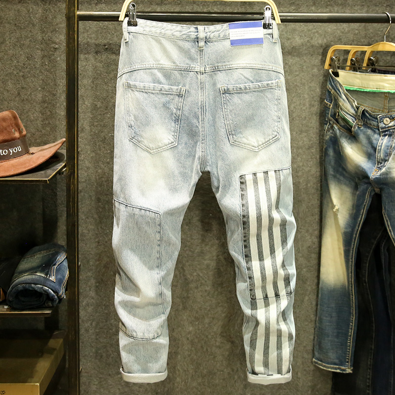 春秋浅色牛仔裤男潮牌宽松直筒裤子韩版潮流不规则九分裤水洗男裤