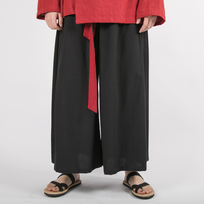 中国国风春秋薄款阔腿裤男亚麻汉服复古茶服民族服装