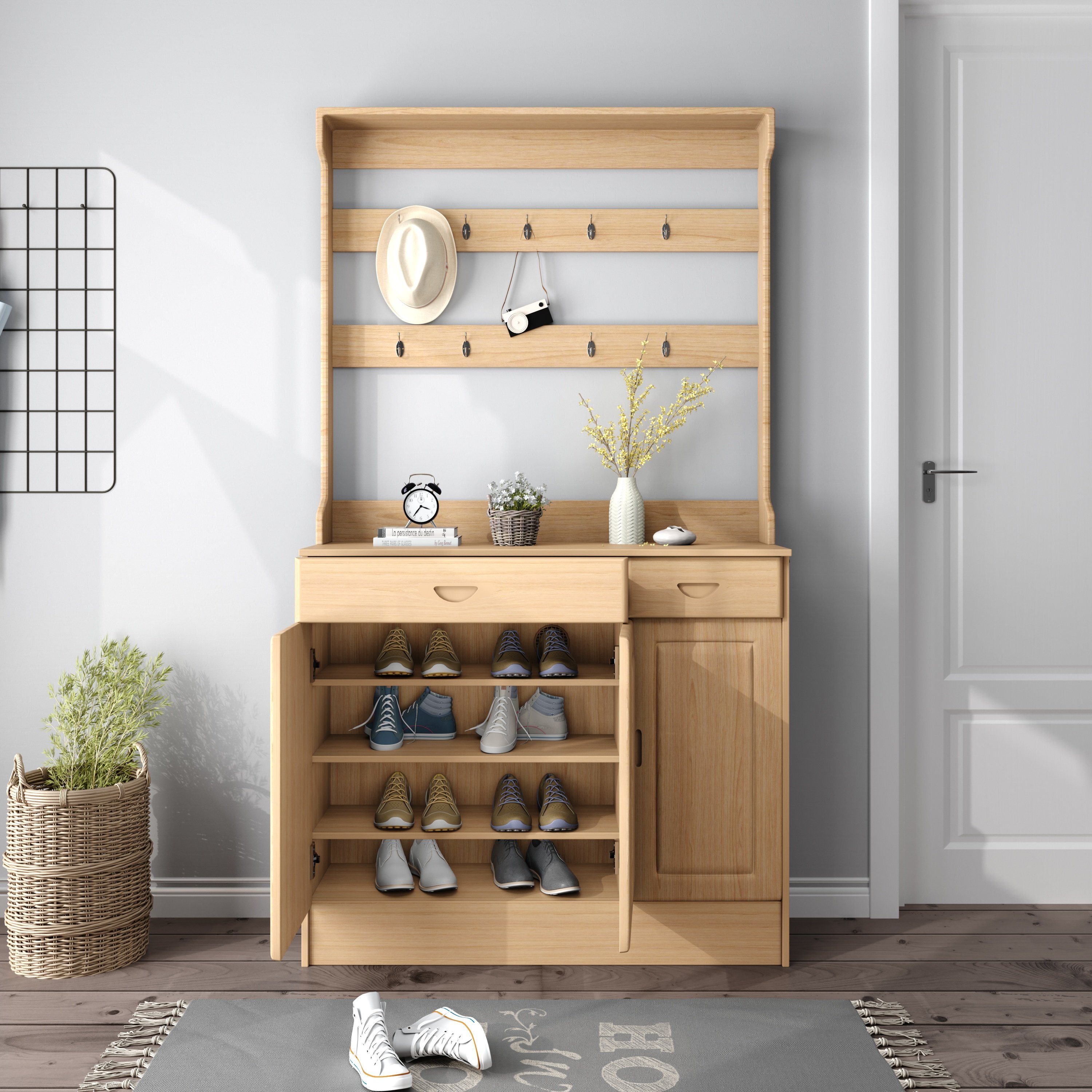 实木松木鞋柜带挂衣架一体开门大容量抽屉多功能鞋柜