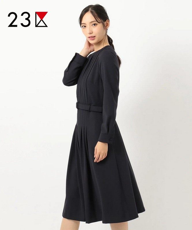 23区日系春夏季通勤职业纯色圆领套头收腰长袖连衣裙