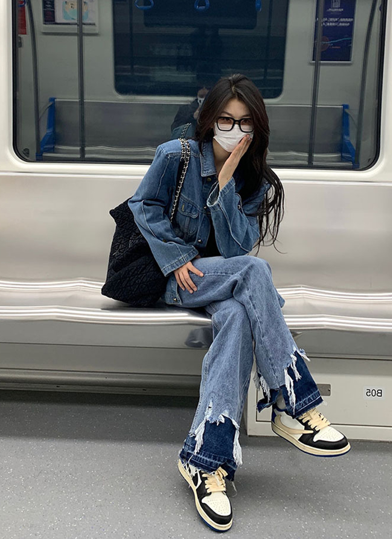 设计感小众开叉牛仔裤子女士ins潮夏季美式高街vibe风阔腿直筒裤