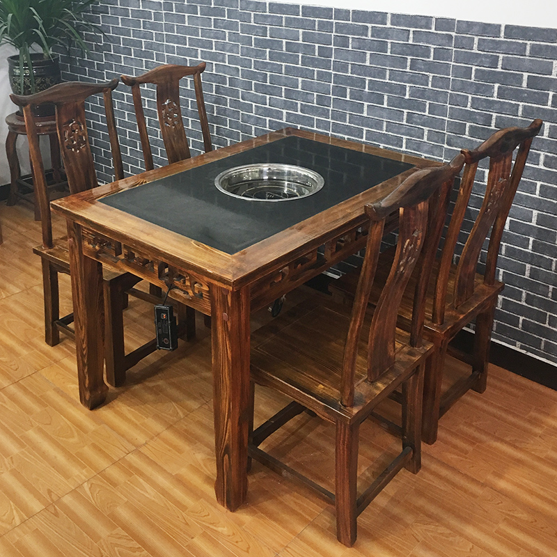 仿古雕花冷串串桌商用实木大理石火锅桌椅餐馆电磁炉煤气灶烧烤店