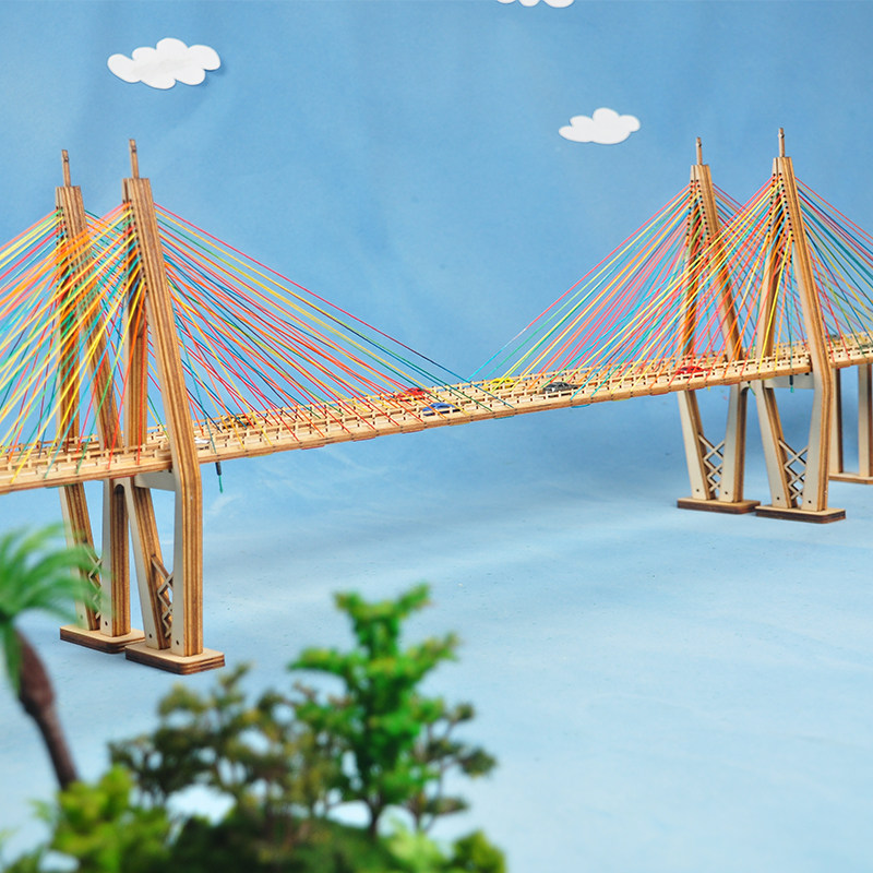桥梁新大源木diy手工拼装模型双塔双子斜拉桥科学实验