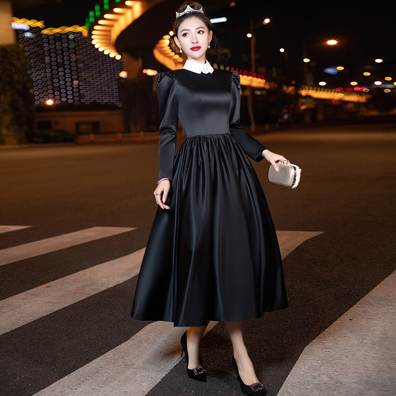 轻奢长袖晚礼服黑色缎面年会气质宴会高端中长礼服