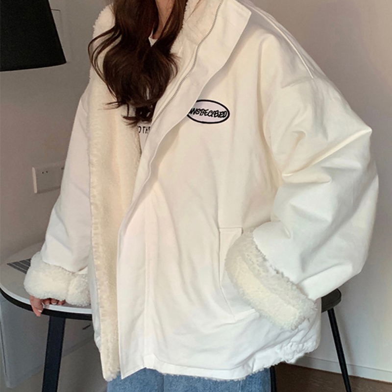 港风日系羊羔绒外套女两面穿棉衣学生韩版宽松百搭冬季棉服ins潮