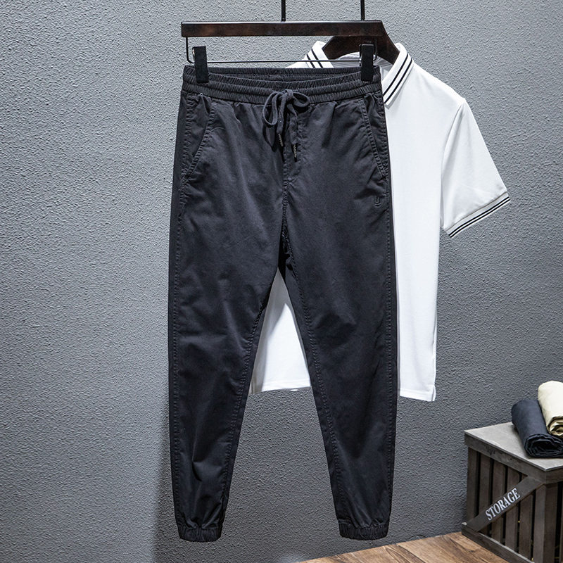 春季纯棉男士休闲裤修身小脚男装长裤潮流简约黑色工装男裤子百搭