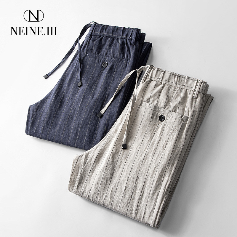 100%纯亚麻裤男夏季薄款条纹休闲裤中青年简约抽绳直筒裤子男垂感