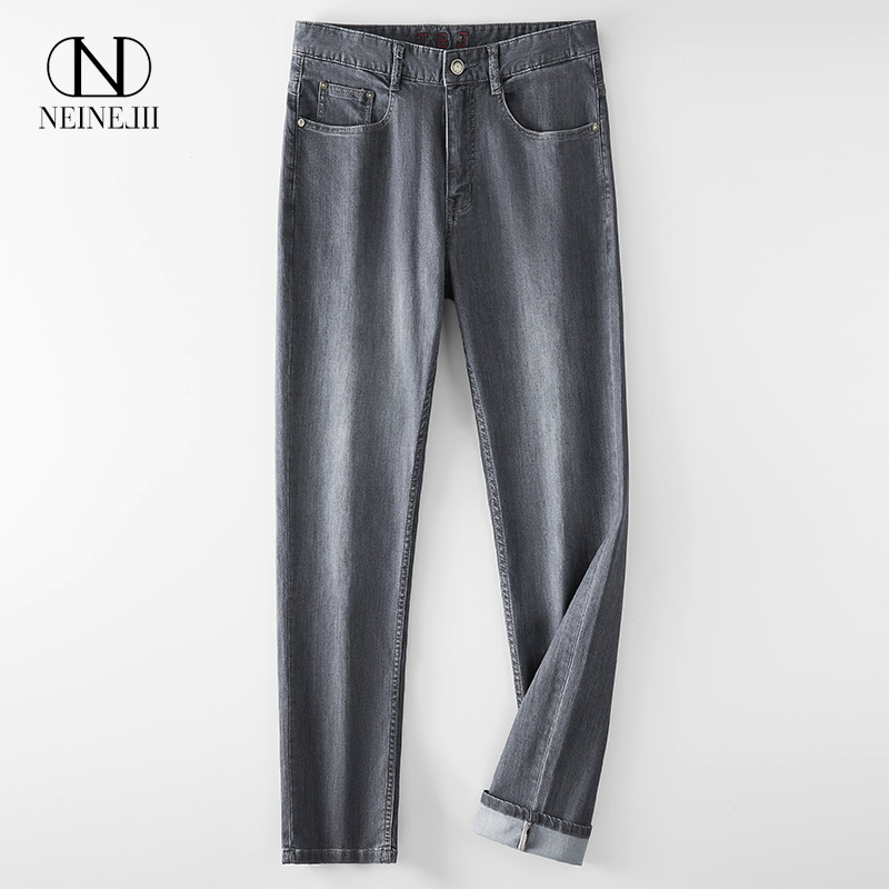 高端品牌黑灰色牛仔裤中年男士秋季新款宽松男裤修身垂感直筒裤子