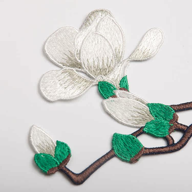 中国风刺绣花鸟图案布贴汉服旗袍diy服装辅料白色玉兰花绣片布贴