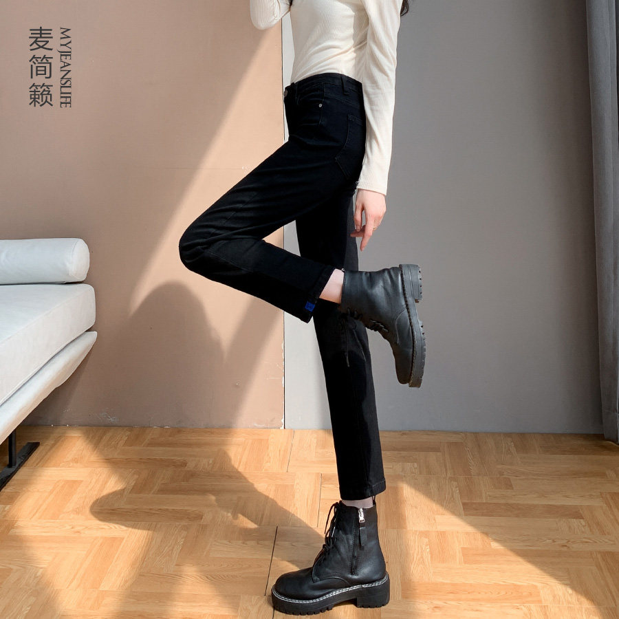 烟管裤女冬加绒小个子黑色小脚裤修身显瘦直筒裤弹力加厚牛仔裤