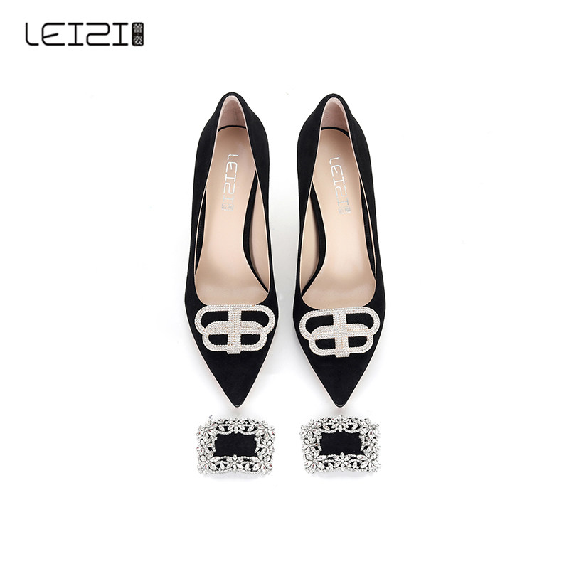 女鞋蕾姿轻奢品牌奢华春夏新品绒面羊皮钻扣单鞋