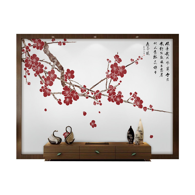 现代新中式梅花电视背景墙壁画工笔花鸟客厅沙发定制壁画