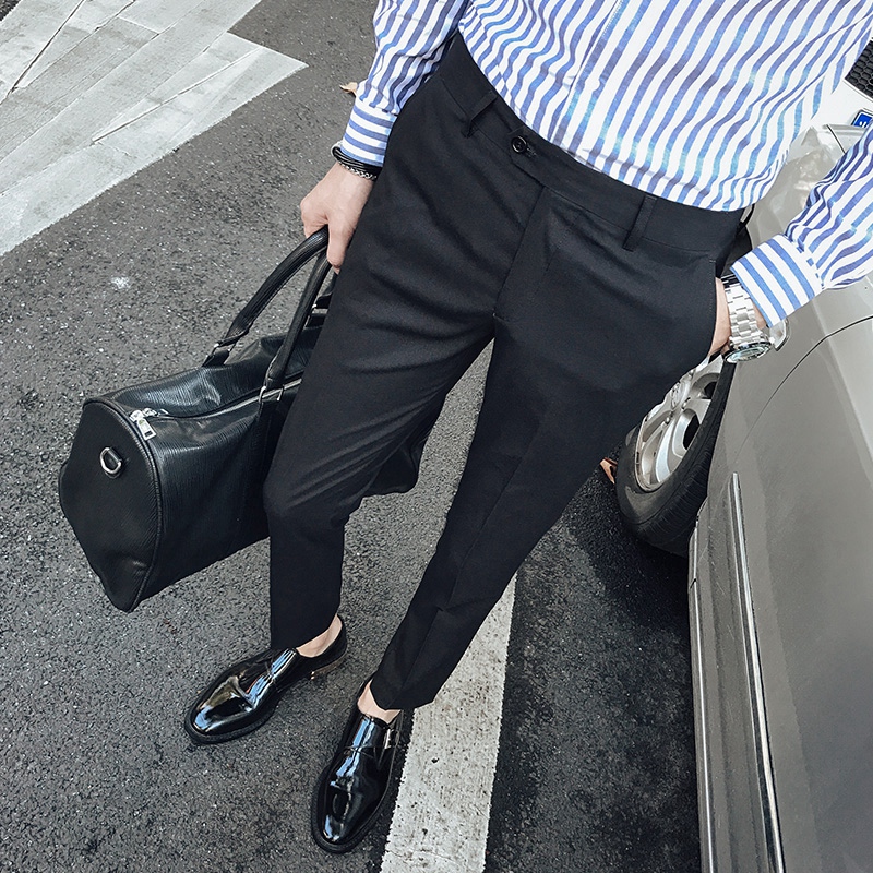 春夏季弹力西裤男士商务休闲韩版潮流修身小脚直筒西装九分长裤薄
