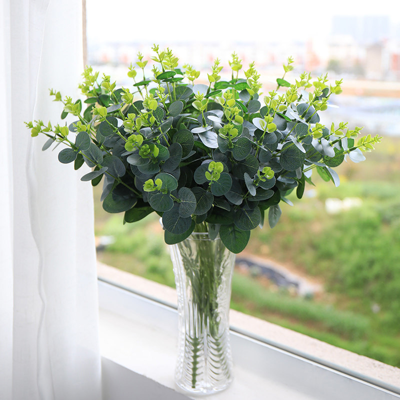 饰拍摄 仿真金钱草尤加利圆叶绿植婚庆插花配草绿叶16叉把束森系装