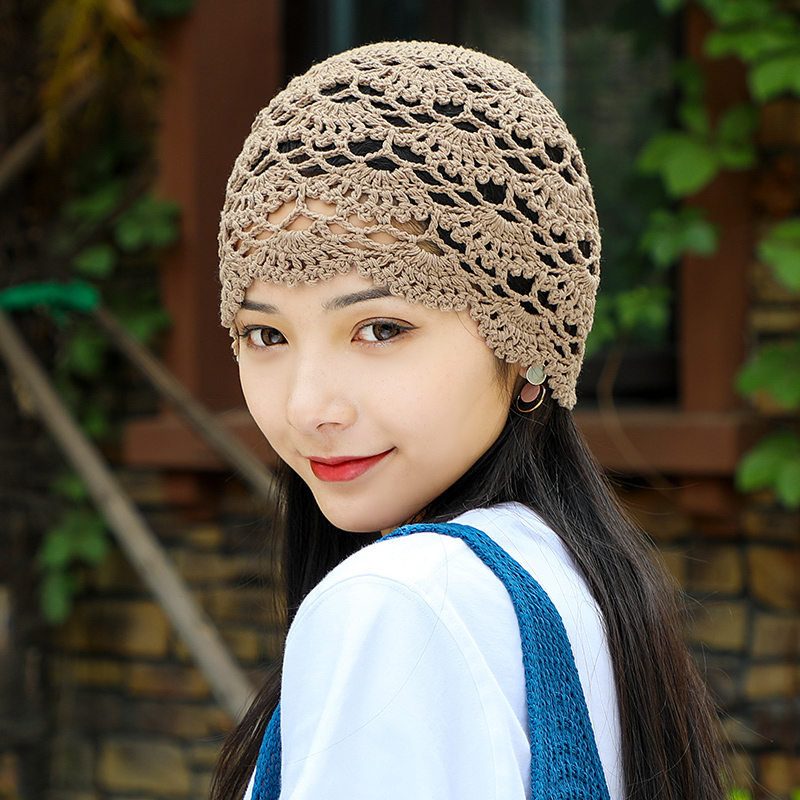 帽子女秋冬薄款镂空手工钩花编织春秋包头针织帽蕾丝网帽2021新款