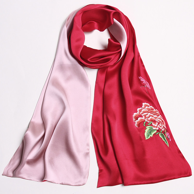 苏州刺绣真丝丝巾大红红色苏绣围巾女送婆婆妈妈围巾