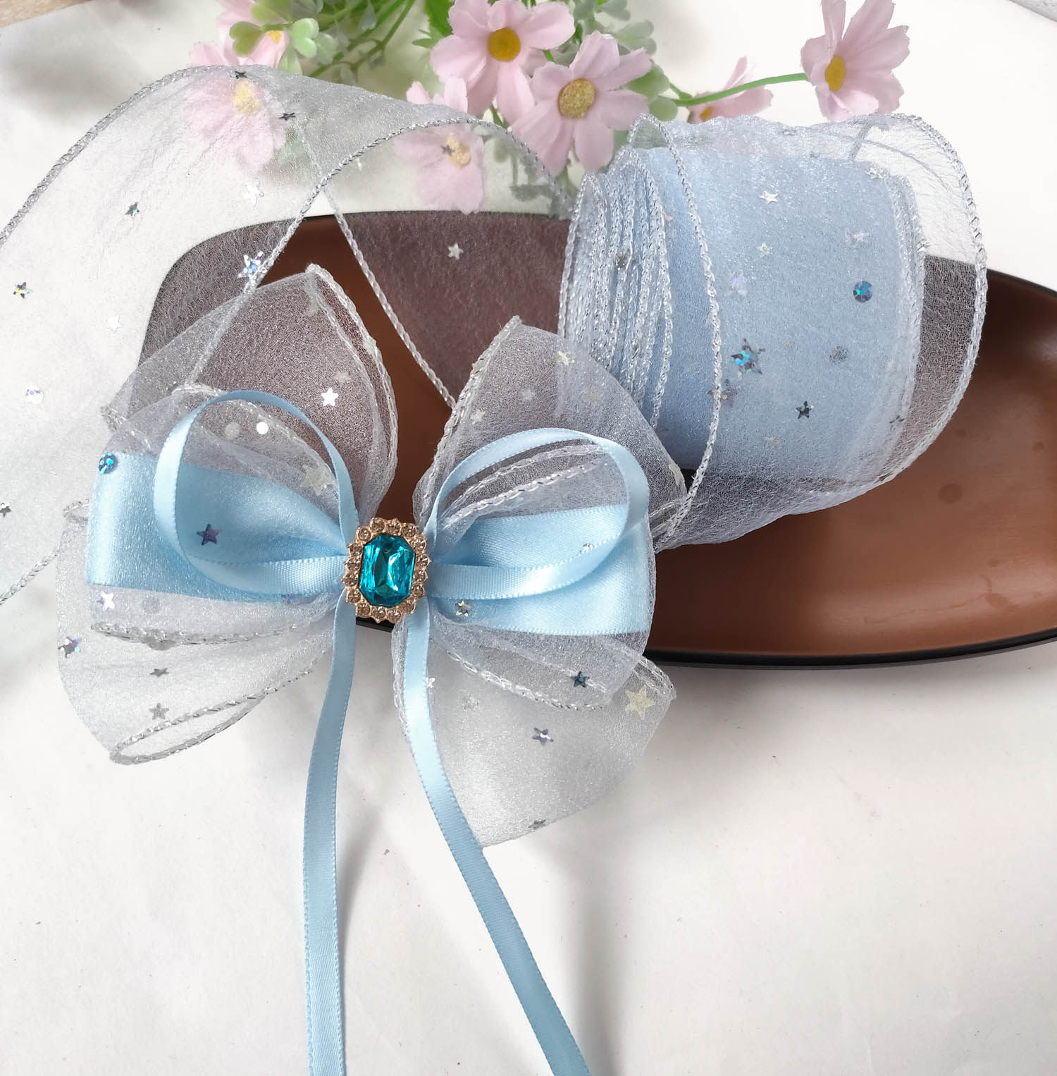 5码价55cm星星月亮拷边蝴蝶结diy头饰梦幻泡泡丝带