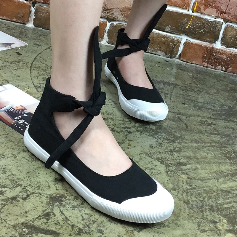 暗黑女鞋蝴蝶结绑带低帮帆布布鞋透气休闲百搭帆布鞋