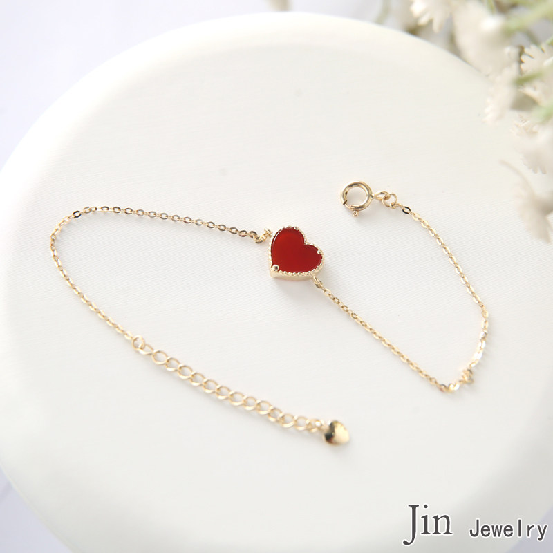 jinjewelry纯14k黄金手链简约气质红玉髓桃心手链女款小红心手链