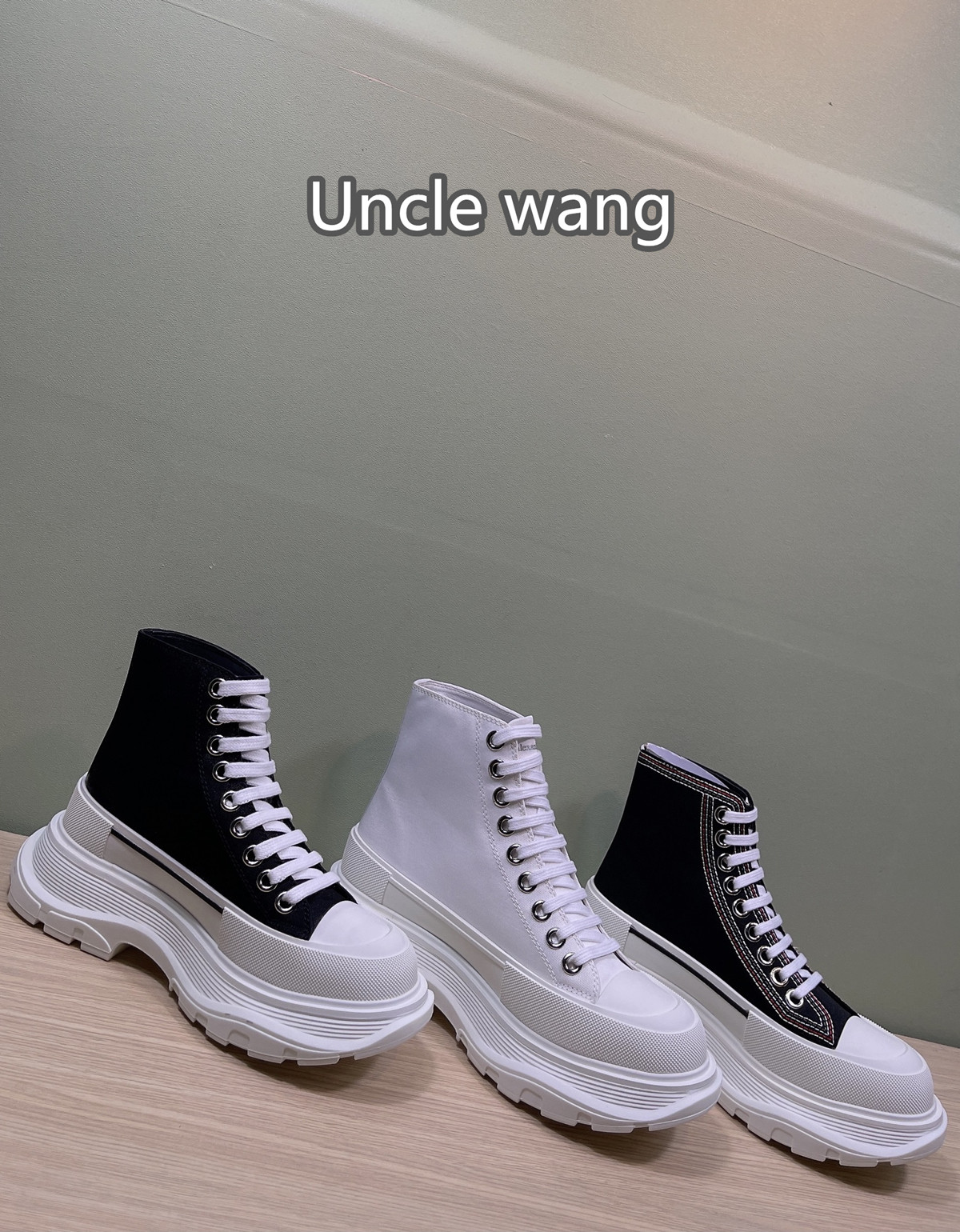 unclewang男女系带高帮鞋帆布鞋内增高老爹休闲高帮鞋