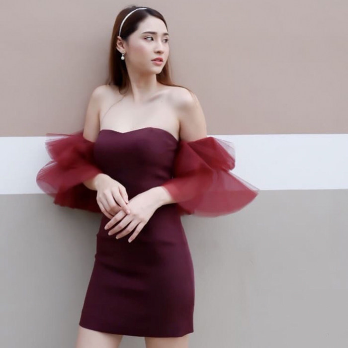 泰国潮牌女装新款领网纱袖派对礼服名媛女神范连衣裙