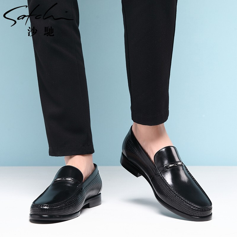 沙驰镂空男鞋新款打蜡牛皮商务休闲鞋真皮透气男士一脚蹬正装皮鞋