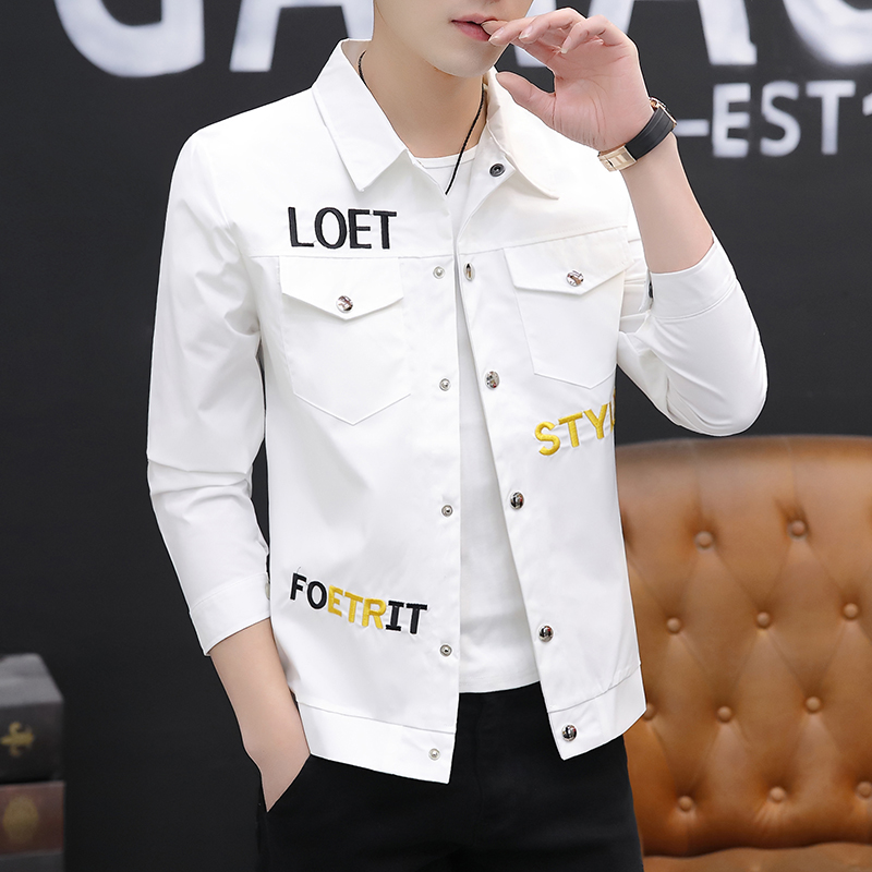 男士长袖衬衣领剌绣韩版修身夹克薄外套春夏季潮流帅气翻领上衣服