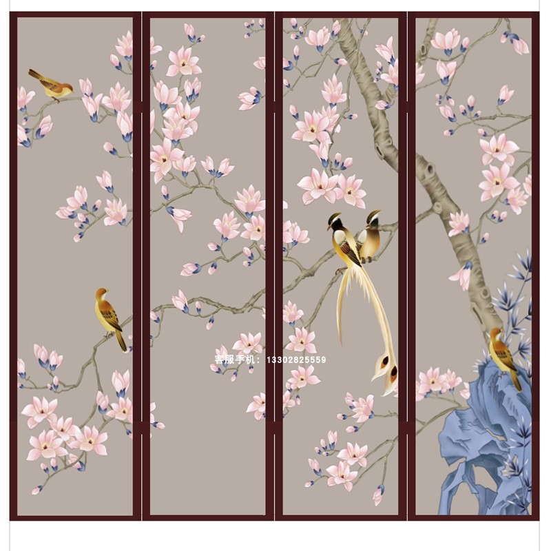 屏风新中式家用装饰半透明花鸟现代简约卧室遮挡办公屏风