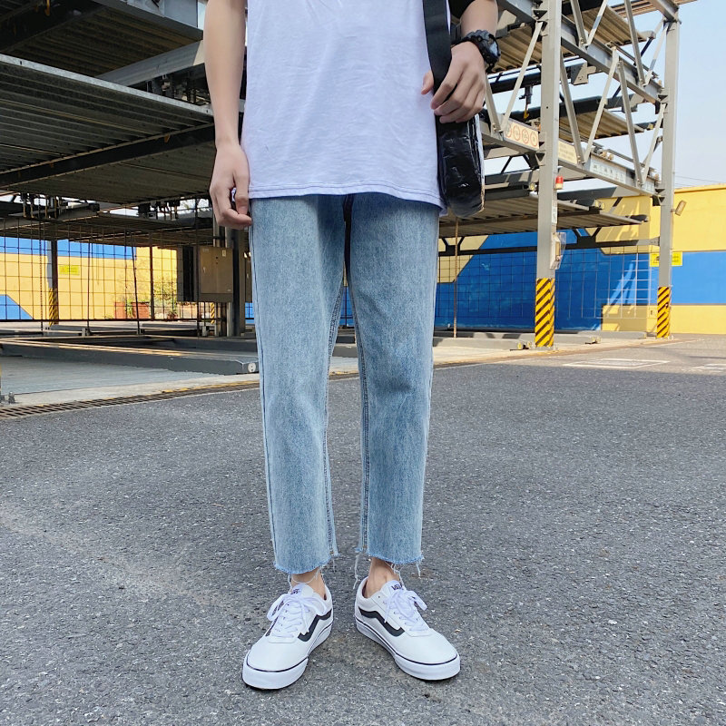 港风简约百搭毛边牛仔裤男夏天薄款潮流百搭直筒宽松阔腿九分裤子