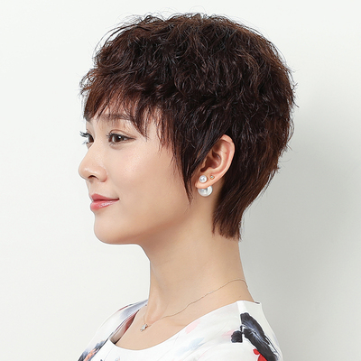 中老年假发女短发妈妈手织真发发套中年女士自然短卷发发型全头套